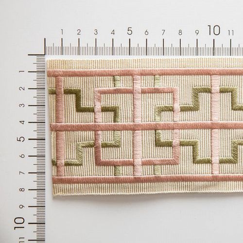 Бордюр жаккардовый 7 см 0000-357-104-012 молочным с зелено-розовым