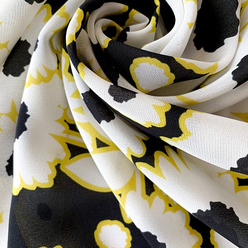 Крепдешин натуральный К32-374 черный принтованный