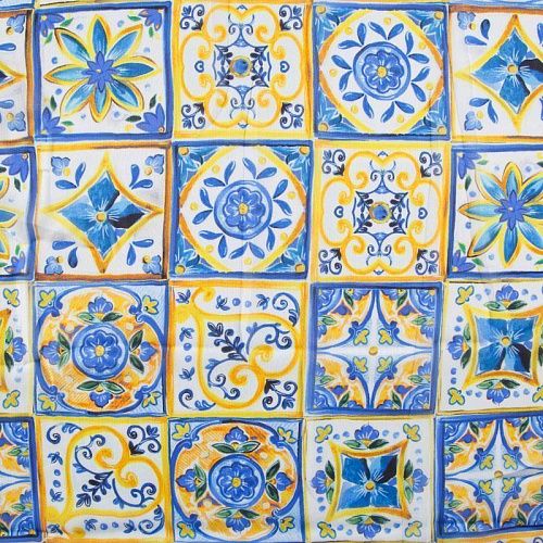 Шифон шелковый 068-12318 желто-голубой принтованный