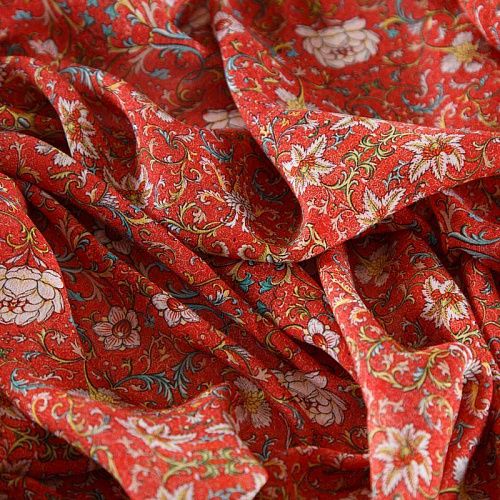 Шифон шелковый 068-12316 кораллово-красный принтованный
