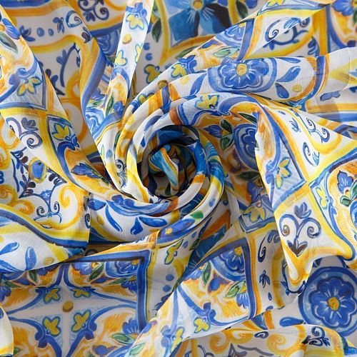 Шифон шелковый 068-12318 желто-голубой принтованный