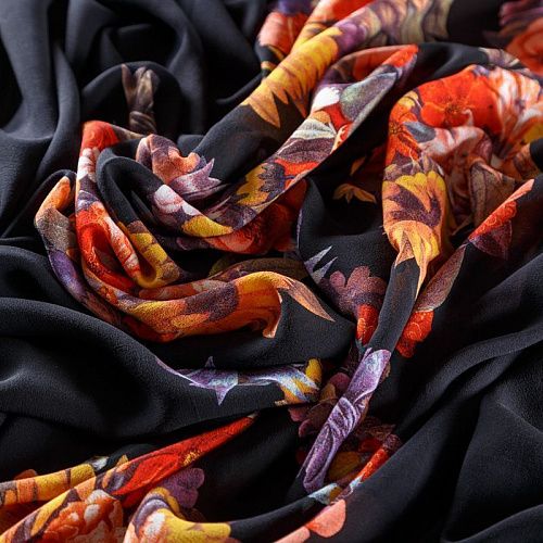 Крепдешин натуральный К29-785 черный принтованный