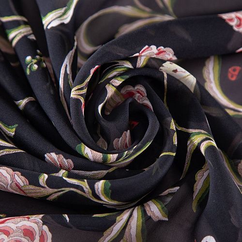 Креп-шифон шелковый 027-19853 черный принтованный