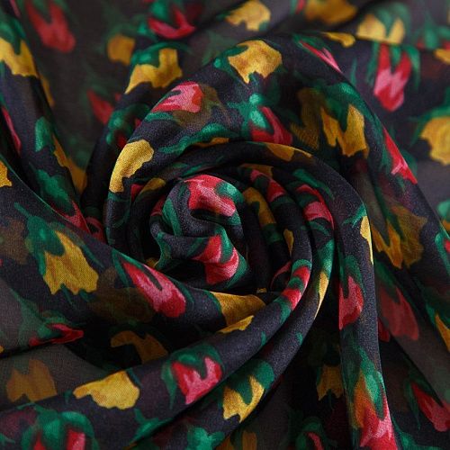 Шифон шелковый 068-17094 черный принтованный