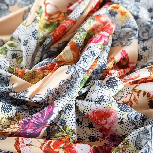 Креп-шифон К07-441 сливочный принтованный