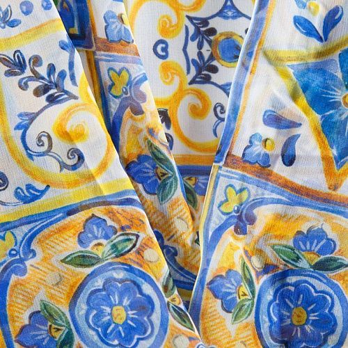 Шифон шелковый 068-12318 желто-голубой принтованный