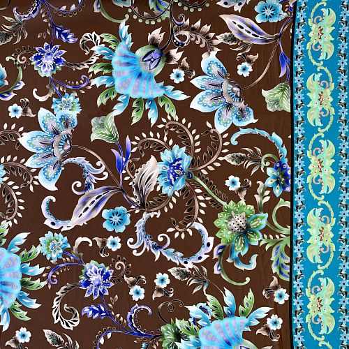 Креп-шифон натуральный К32-229 шоколадно-бирюзовый принтованный