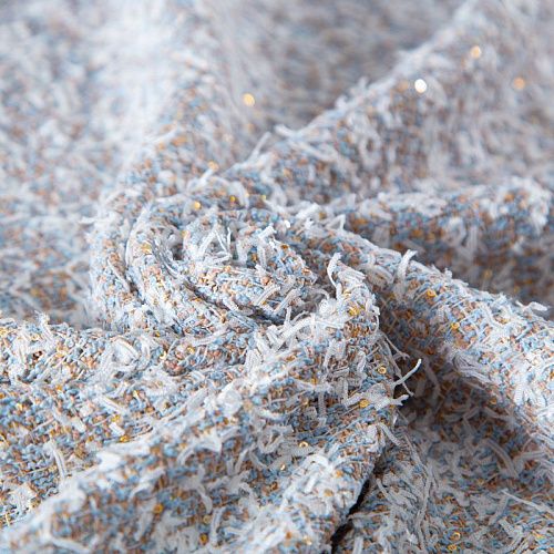 Твид с пайетками 052-20212 бежево-голубой